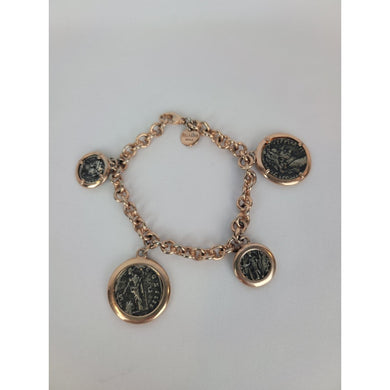 Vintage Bella Diva 18kt Rose Gold Plated Bronze Roman Coin Charm Bracelet