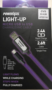Lot of 63 PowerXcel Light-Up 2.6 Ft Micro Usb To Usb Charge/Sync Cables 2.4 A 2.6ft Cable