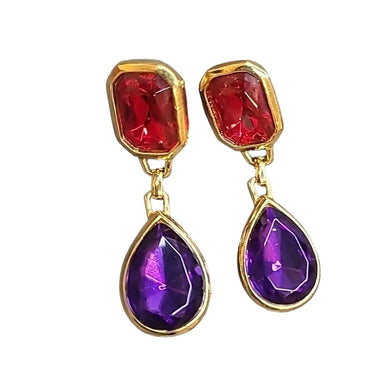 Trifari TM Purple Red Glowing Lucite Dangle Pierced Earrings