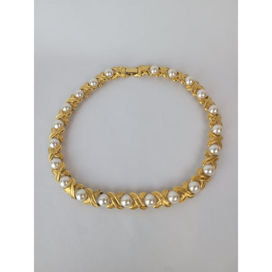 Napier Vintage 90's Cabochon Choker XO Brushed Gold Plated Faux Pearl 17