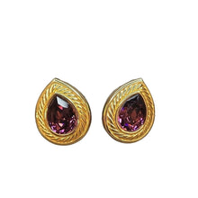 Load image into Gallery viewer, 👁️ VINTAGE SWAROVSKI PEAR-SHAPED AMETHYST GOLD TONE PIERCED EARRINGS